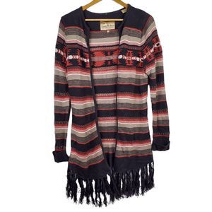 Powder River Panhandle Slim Brown Aztec Southwest Fringe Long Cardigan Sweater L